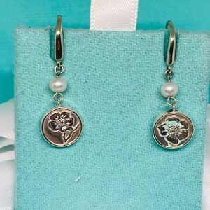 Tiffany & Co. Nature Rose Pearl Drop Dangle Sterling Silver Earrings